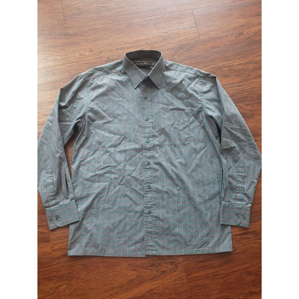 Christian DIOR Men's Green Plaid Dress Shirt Size L Vintage Designer Preppy
